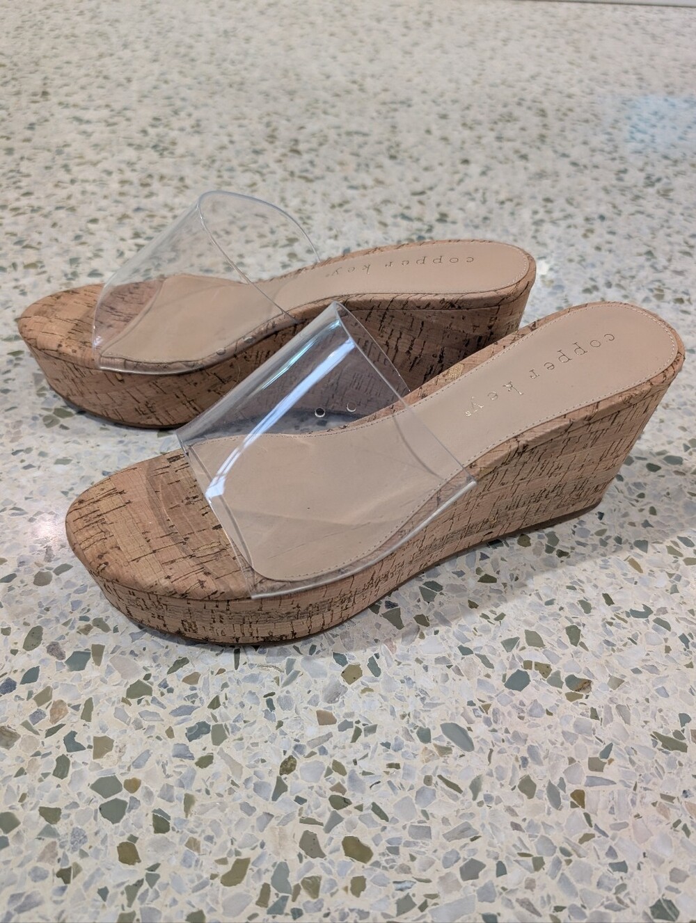NWOB Copper Key Clear Strap Cork Wedge Sandals